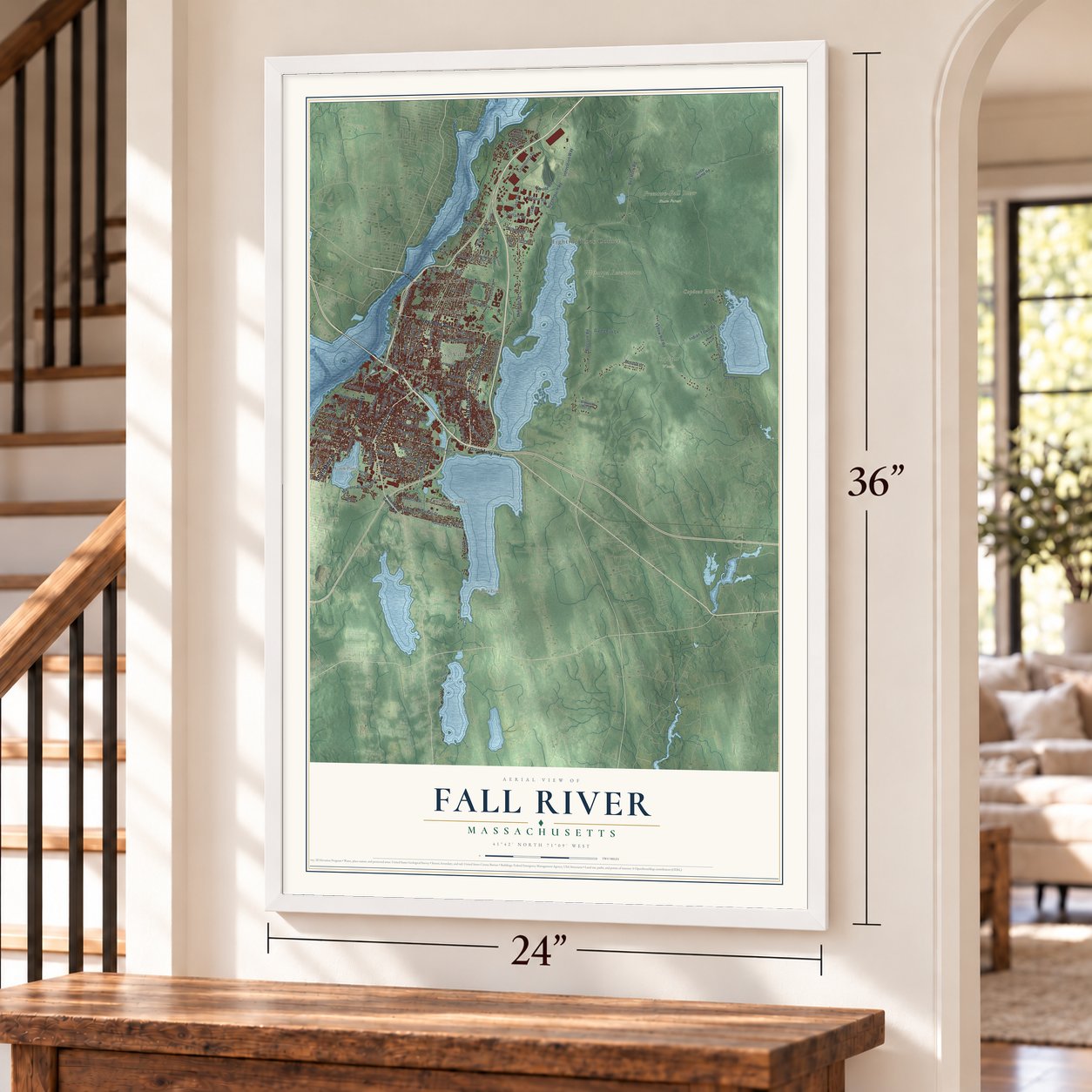 Fall River, Massachusetts map, 24 x 36 inch print in a white frame by a staircase
