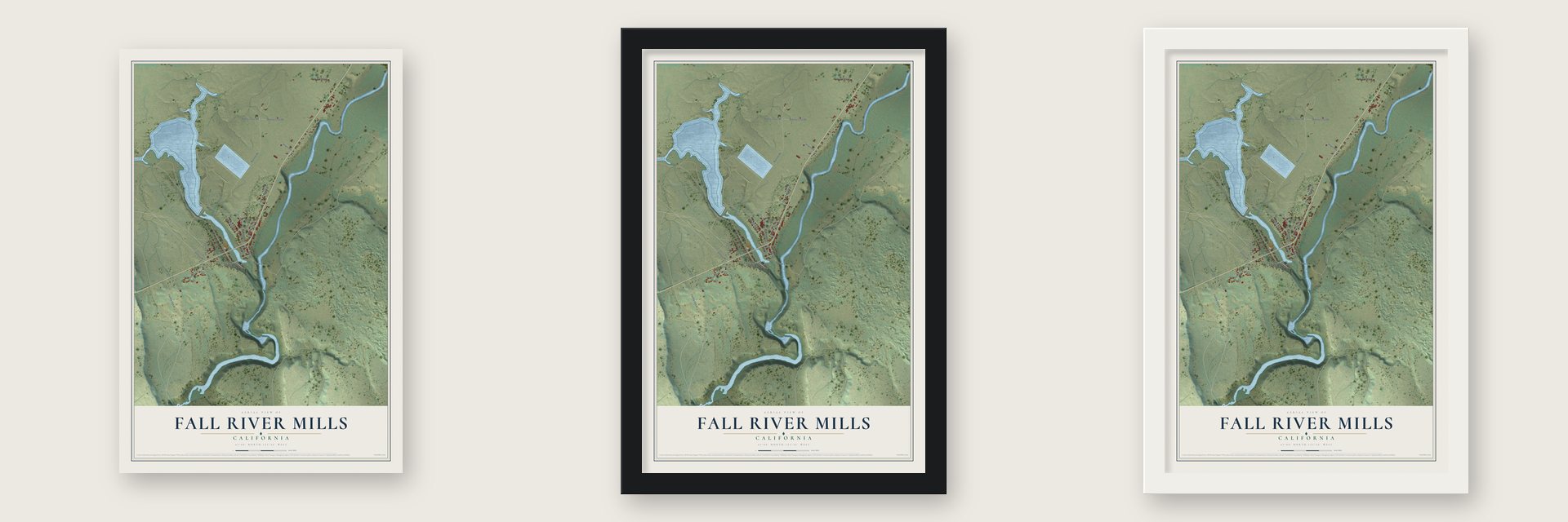 Fall River Mills, California map unframed, in a black wood frame and in a white wood frame