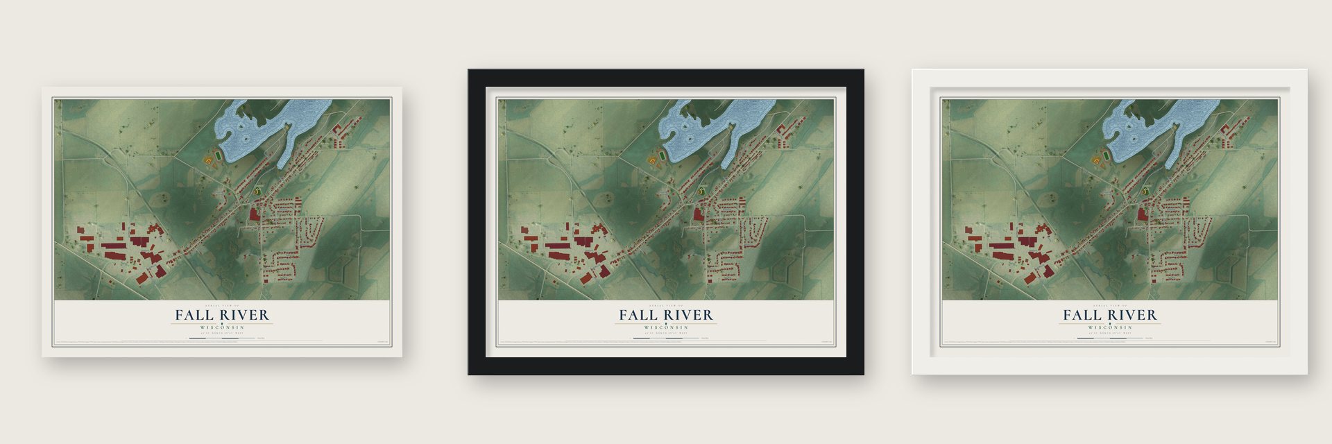 Fall River, Wisconsin map unframed, in a black wood frame and in a white wood frame