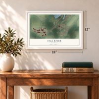 Fall River, Wisconsin map, 12 x 18 inch print in a white frame in an entryway