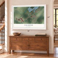 Fall River, Wisconsin map, 24 x 36 inch print in a white frame above a dresser by a staircase