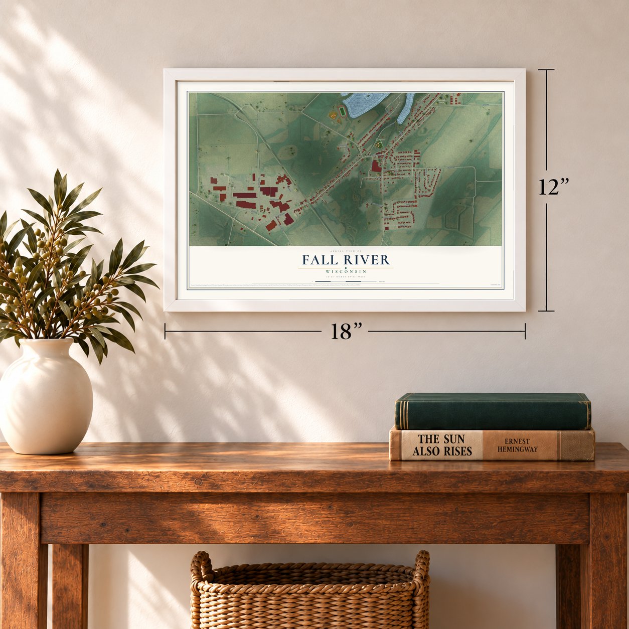 Fall River, Wisconsin map, 12 x 18 inch print in a white frame in an entryway
