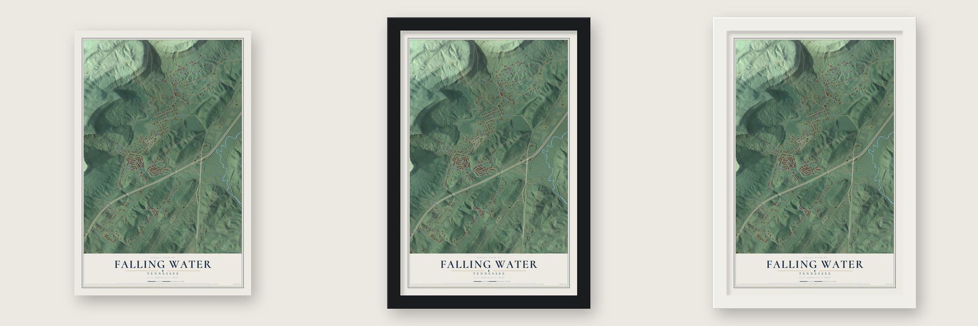 Falling Water, Tennessee map unframed, in a black wood frame and in a white wood frame