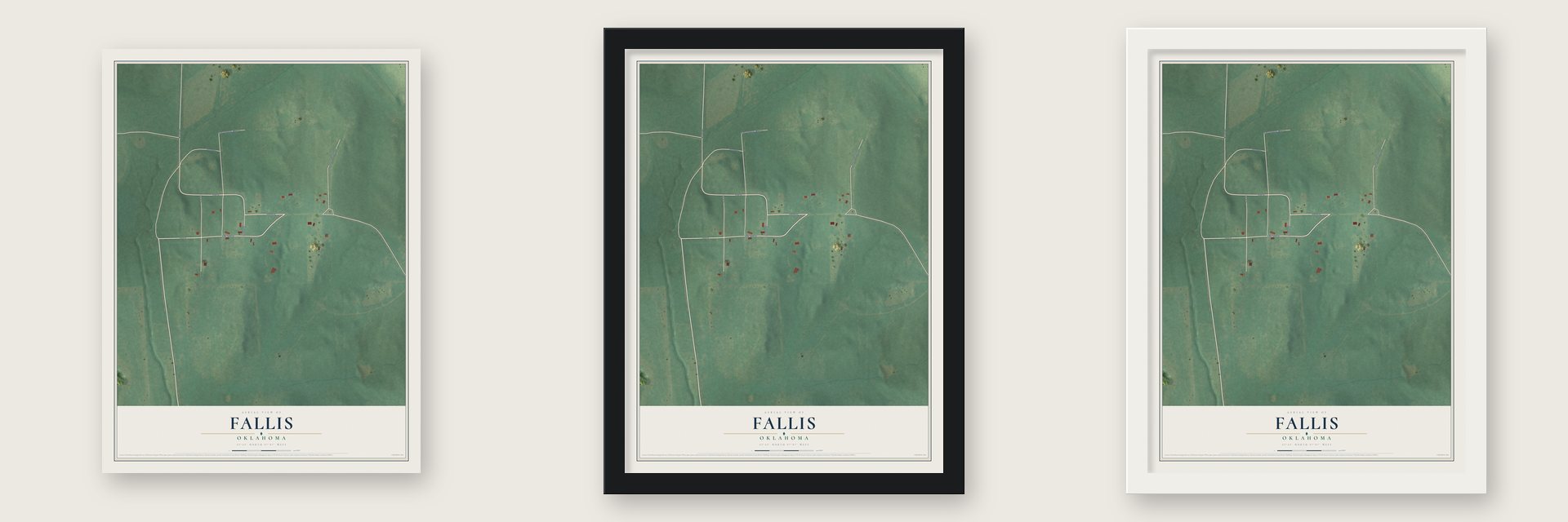 Fallis, Oklahoma map unframed, in a black wood frame and in a white wood frame