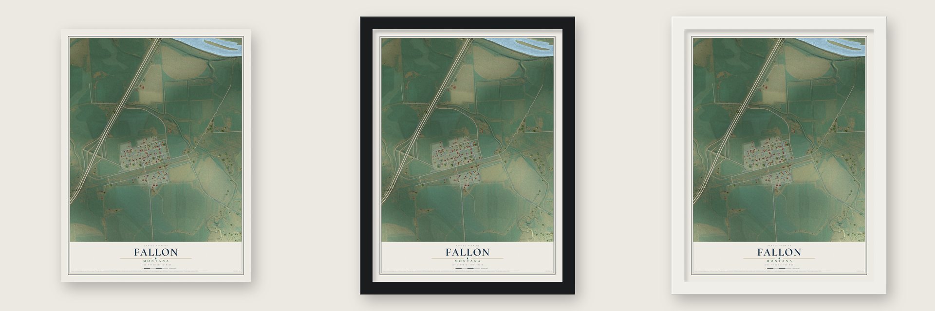 Fallon, Montana map unframed, in a black wood frame and in a white wood frame