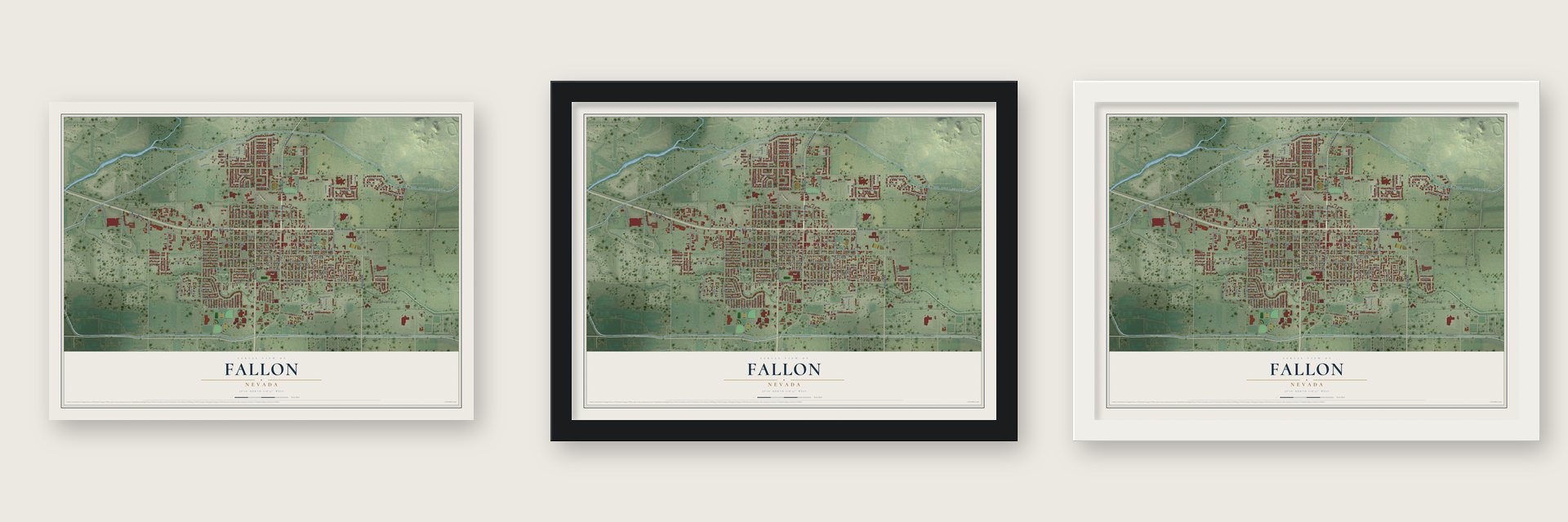Fallon, Nevada map unframed, in a black wood frame and in a white wood frame