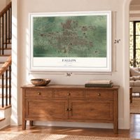 Fallon, Nevada map, 24 x 36 inch print in a white frame above a dresser by a staircase