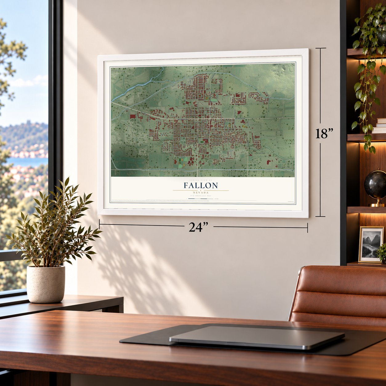 Fallon, Nevada map, 18 x 24 inch print in a white frame in a home office