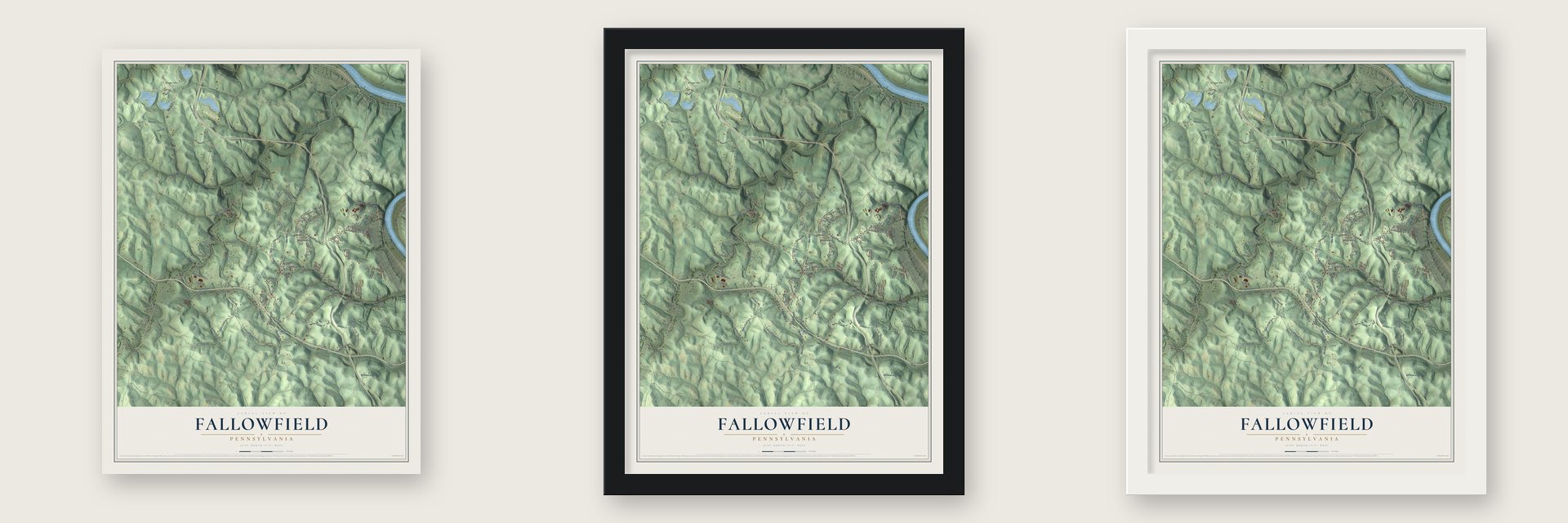 Fallowfield, Pennsylvania map unframed, in a black wood frame and in a white wood frame