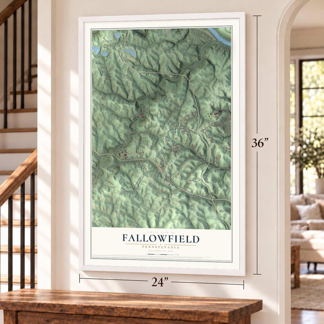 Fallowfield, Pennsylvania map, 24 x 36 inch print in a white frame by a staircase