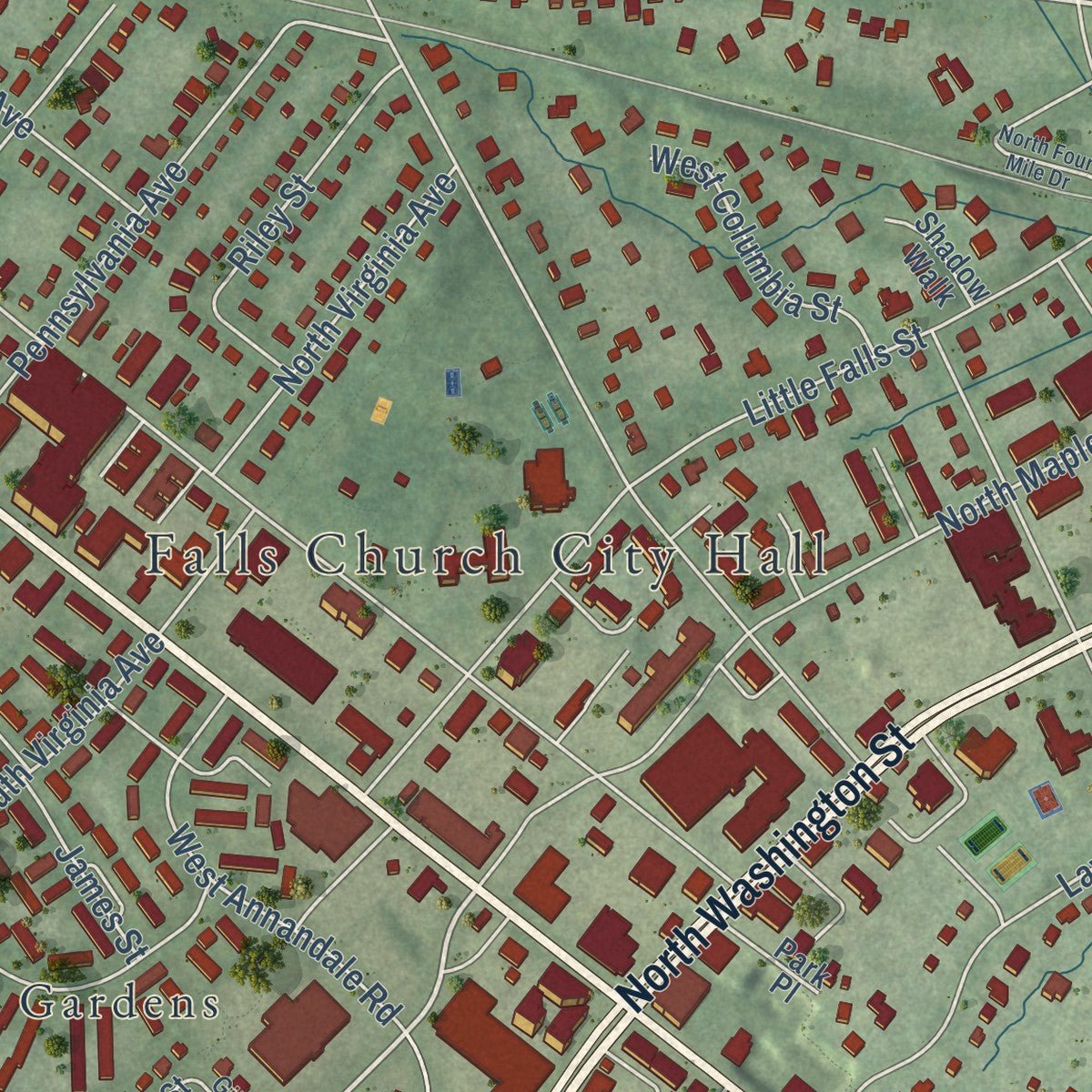 Second close-up of the map of Falls Church, Virginia print showing more streets and buildings
