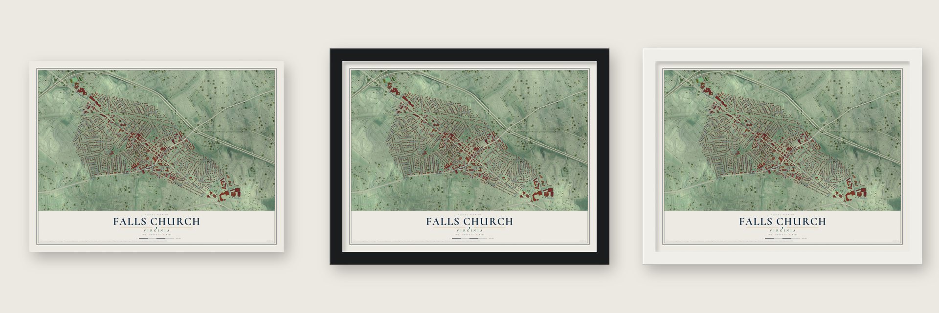 Falls Church, Virginia map unframed, in a black wood frame and in a white wood frame