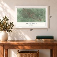 Falls Church, Virginia map, 12 x 18 inch print in a white frame in an entryway