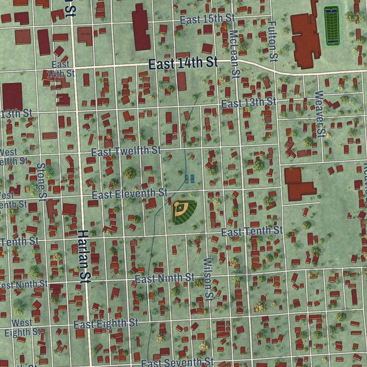 Second close-up of the map of Falls City, Nebraska print showing more streets and buildings