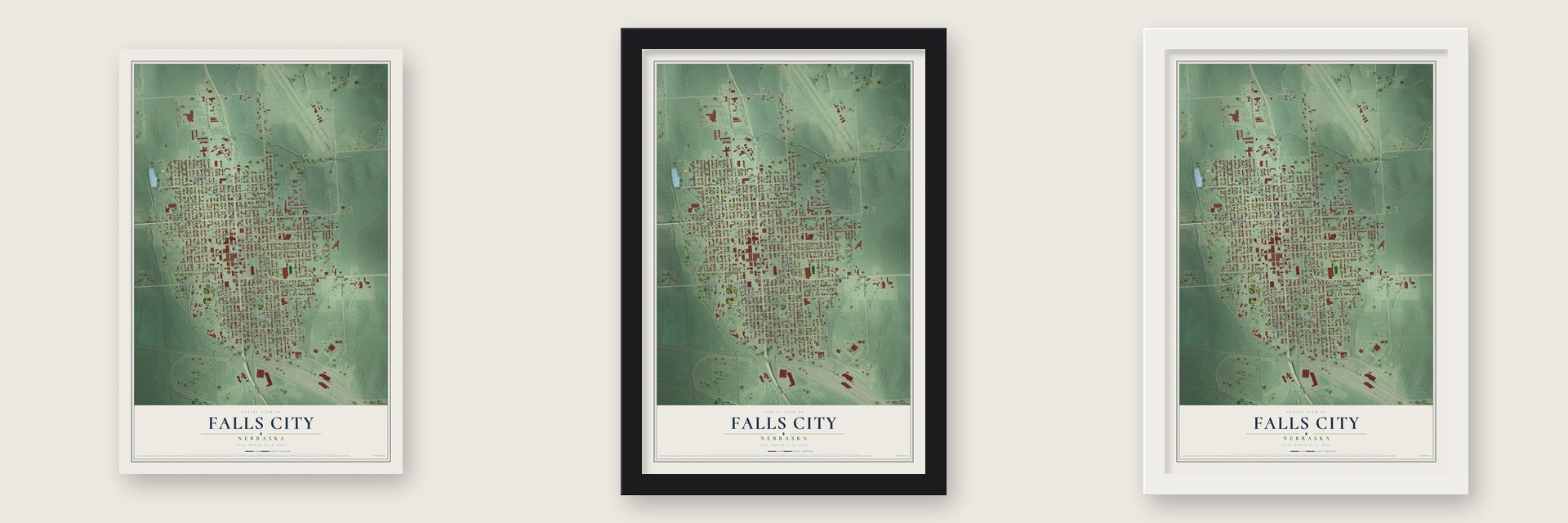 Falls City, Nebraska map unframed, in a black wood frame and in a white wood frame