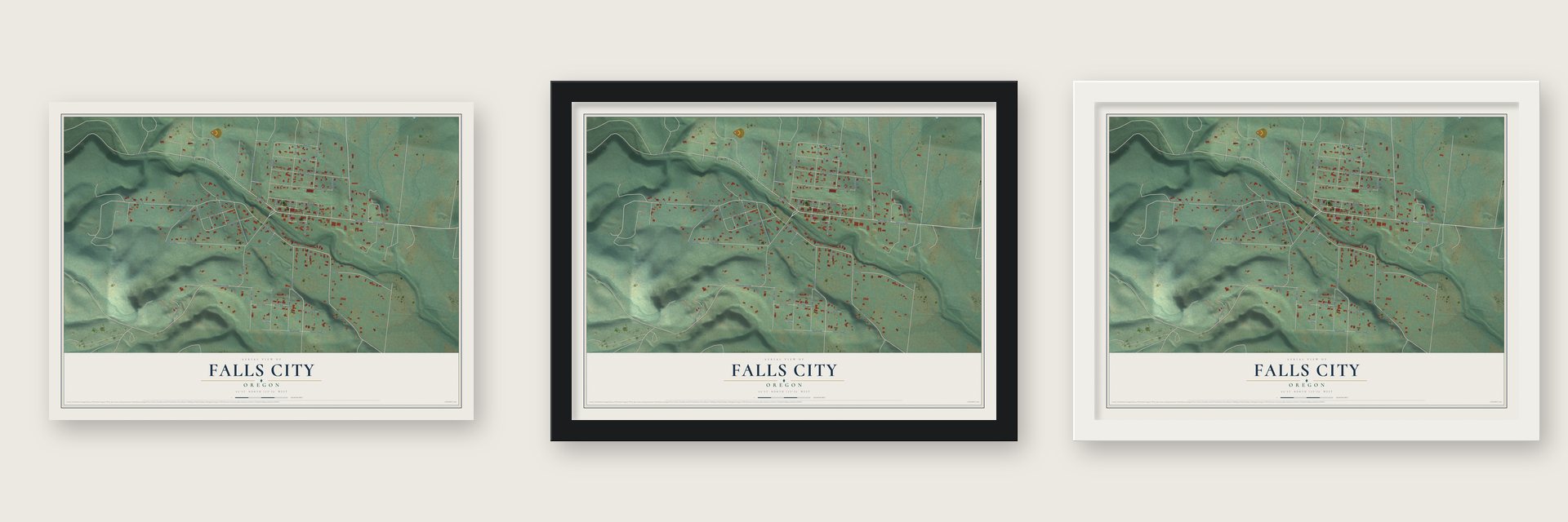Falls City, Oregon map unframed, in a black wood frame and in a white wood frame