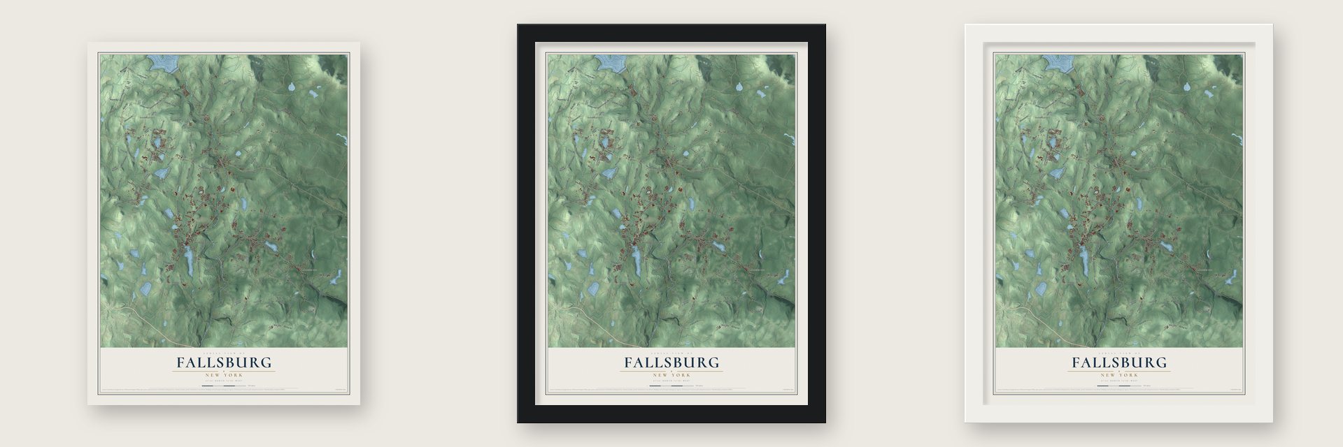 Fallsburg, New York map unframed, in a black wood frame and in a white wood frame