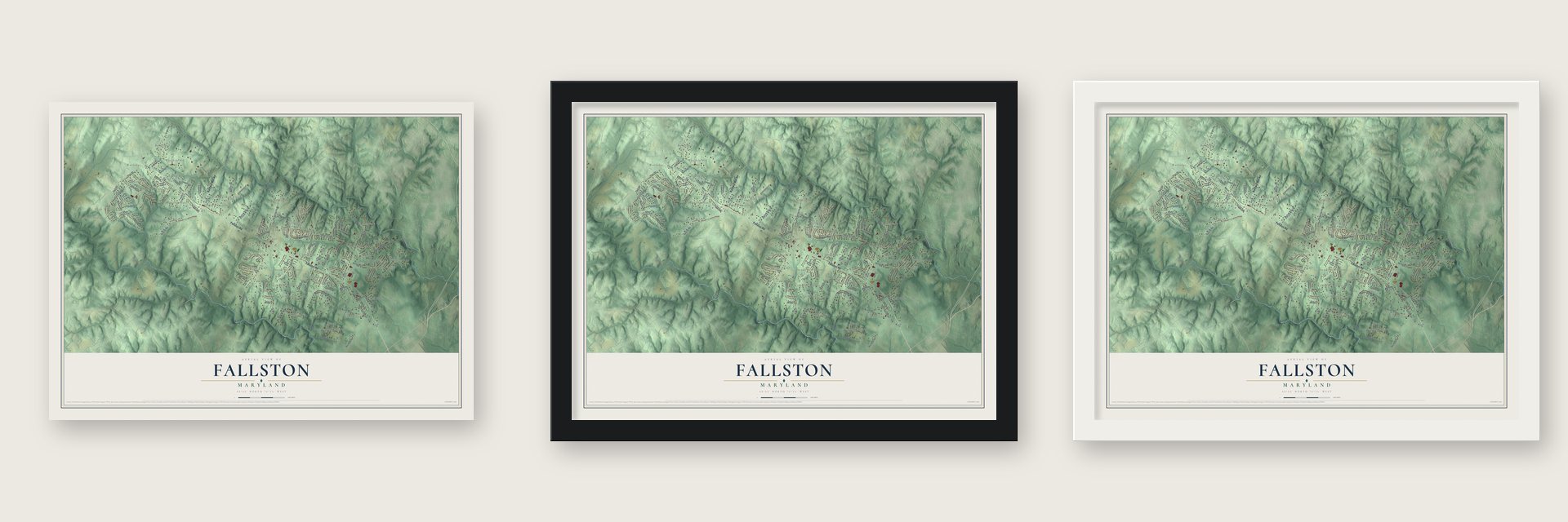 Fallston, Maryland map unframed, in a black wood frame and in a white wood frame