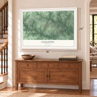Fallston, Maryland map, 24 x 36 inch print in a white frame above a dresser by a staircase