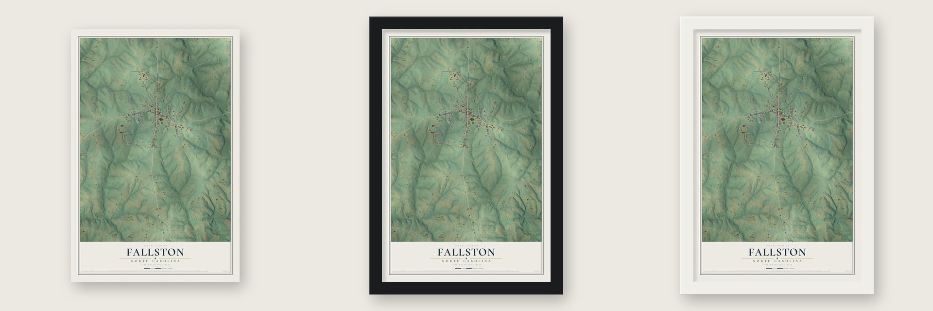 Fallston, North Carolina map unframed, in a black wood frame and in a white wood frame