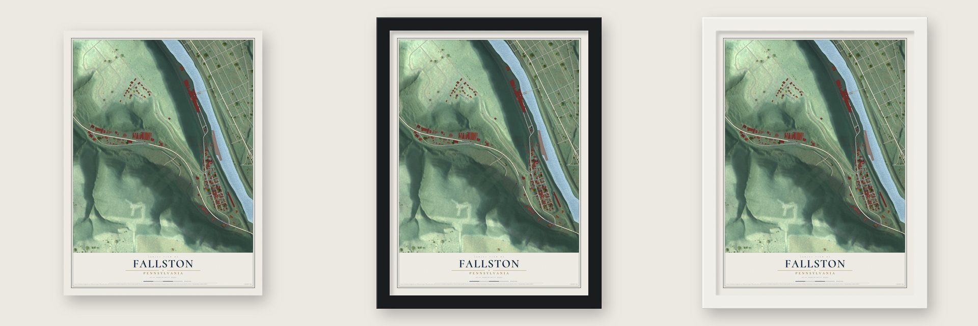Fallston, Pennsylvania map unframed, in a black wood frame and in a white wood frame