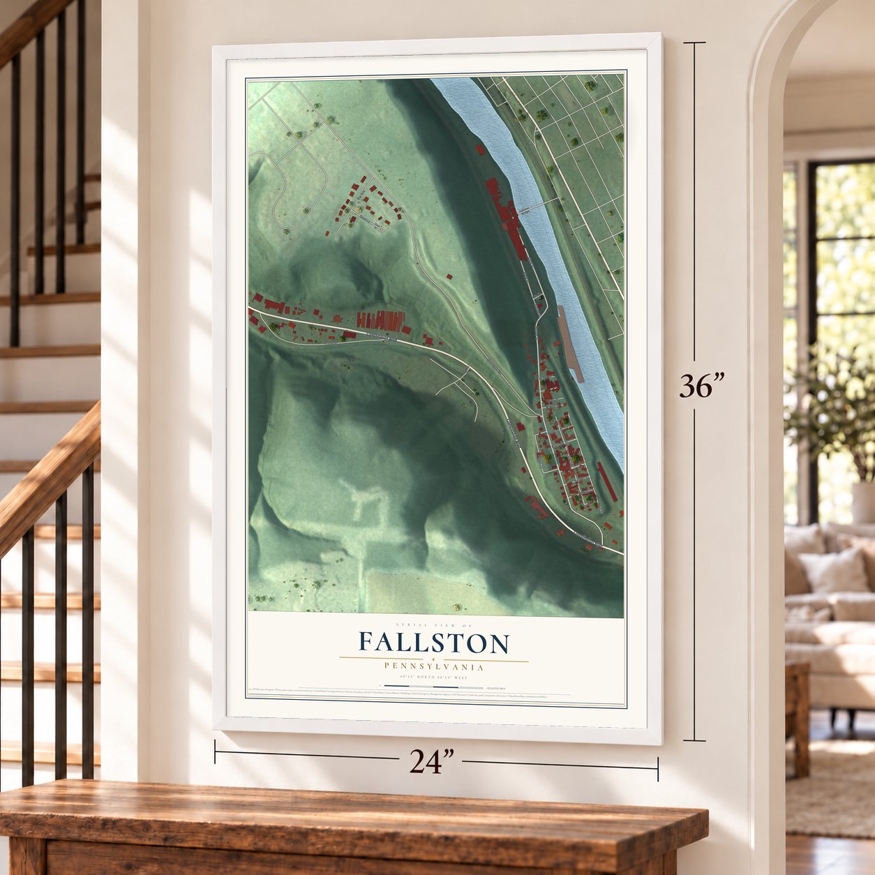 Fallston, Pennsylvania map, 24 x 36 inch print in a white frame by a staircase