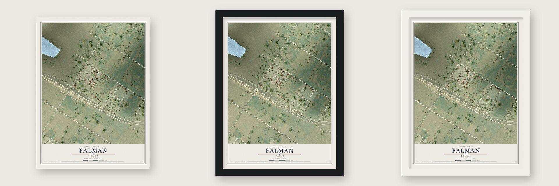 Falman, Texas map unframed, in a black wood frame and in a white wood frame