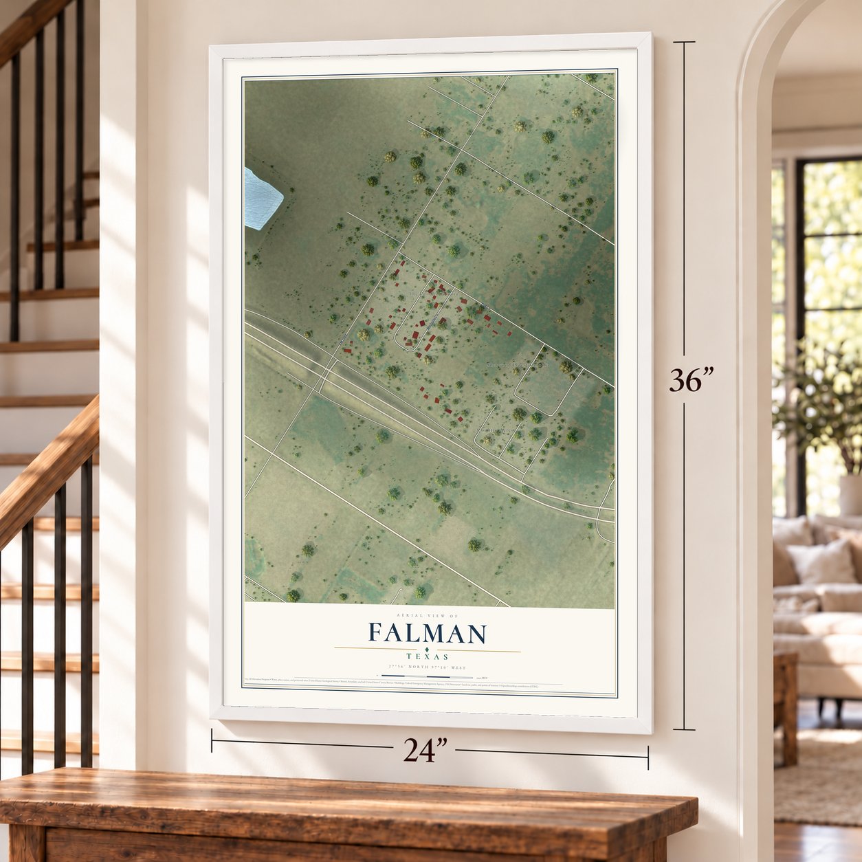 Falman, Texas map, 24 x 36 inch print in a white frame by a staircase