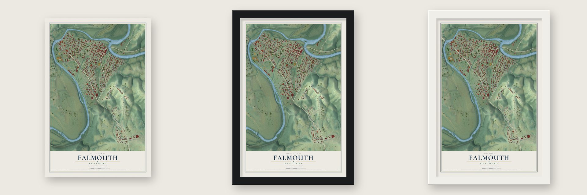 Falmouth, Kentucky map unframed, in a black wood frame and in a white wood frame