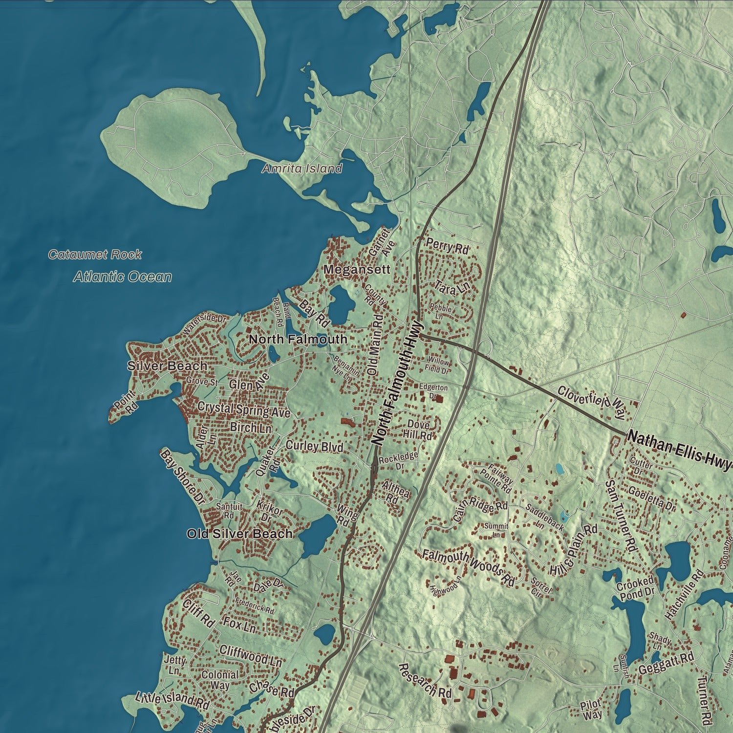 Close-up of the map of Falmouth, Massachusetts print showing terrain and local geography