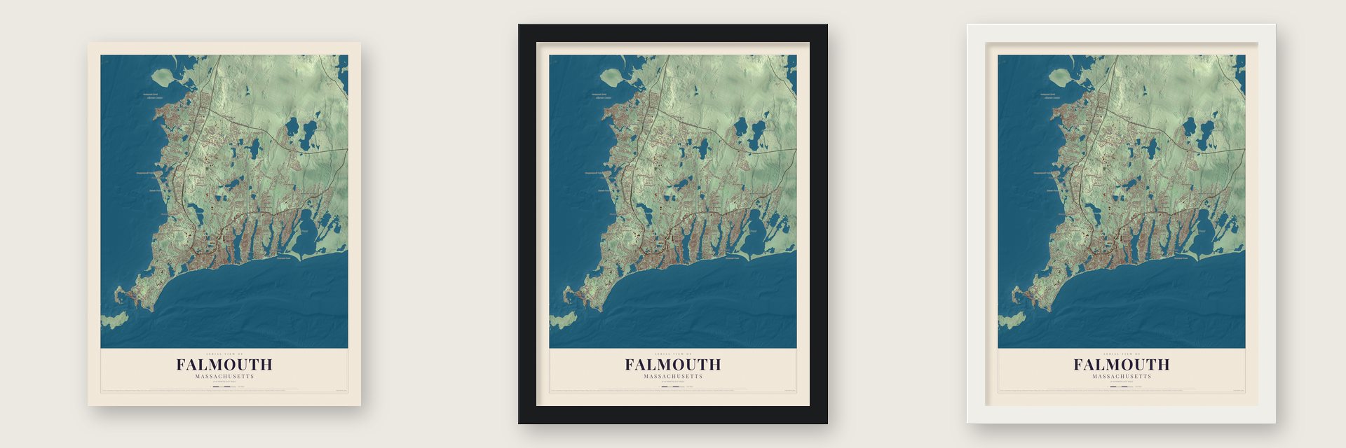 Falmouth, Massachusetts map unframed, in a black wood frame and in a white wood frame