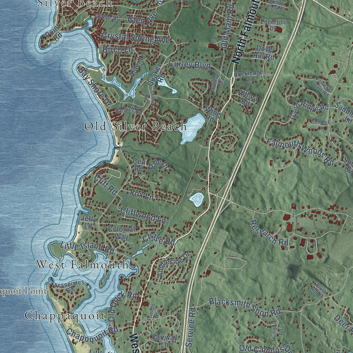 Second close-up of the map of Falmouth, Massachusetts print showing more streets and buildings
