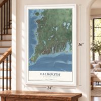 Falmouth, Massachusetts map, 24 x 36 inch print in a white frame by a staircase