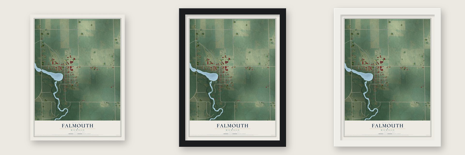 Falmouth, Michigan map unframed, in a black wood frame and in a white wood frame