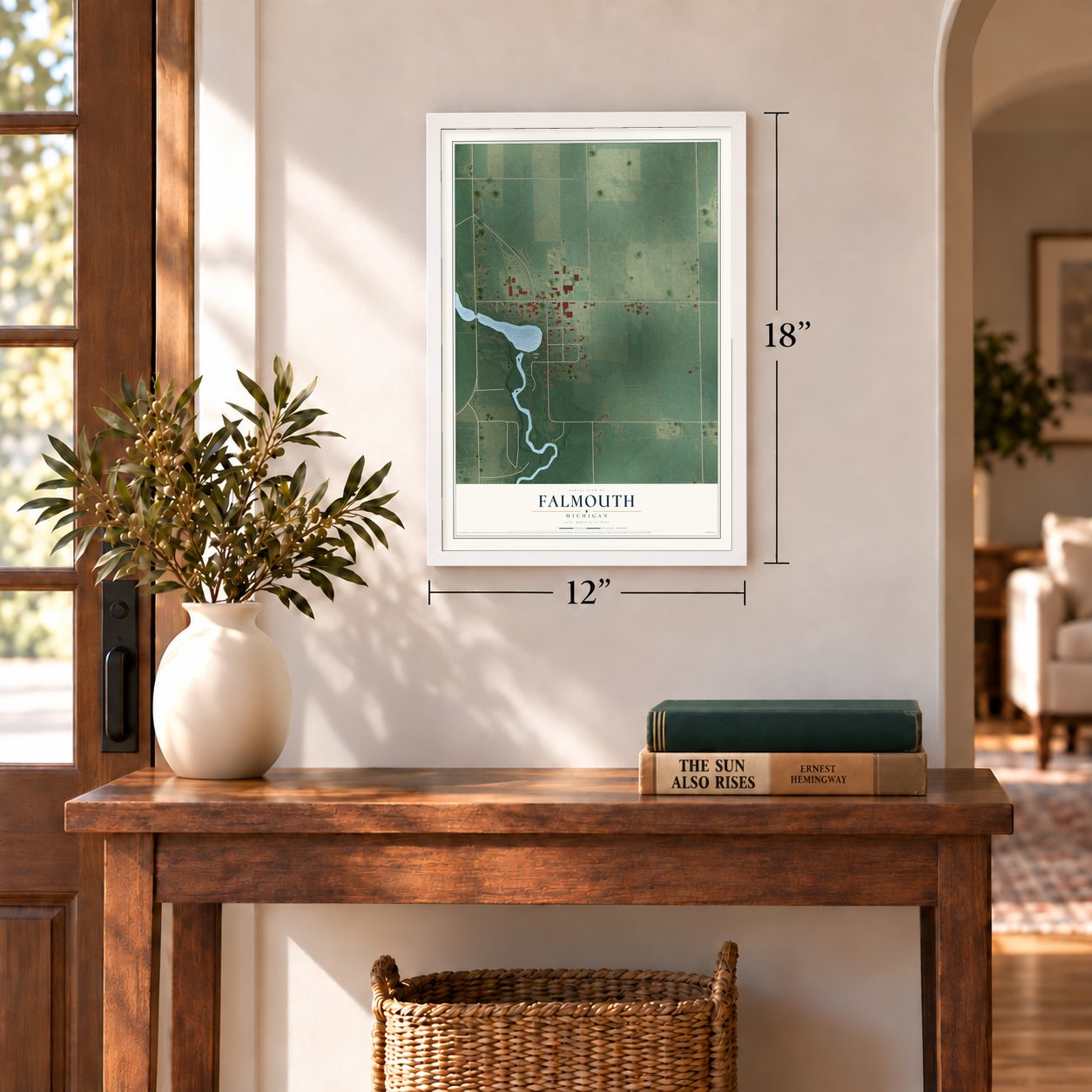 Falmouth, Michigan map, 12 x 18 inch print in a white frame in an entryway