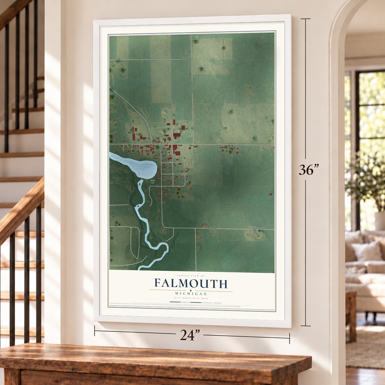 Falmouth, Michigan map, 24 x 36 inch print in a white frame by a staircase
