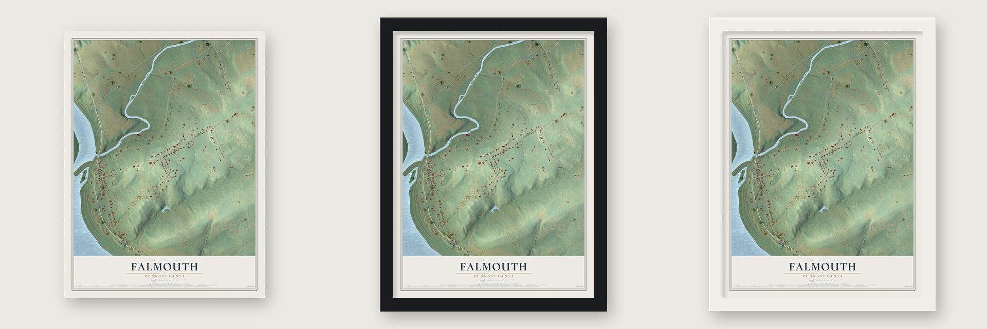 Falmouth, Pennsylvania map unframed, in a black wood frame and in a white wood frame