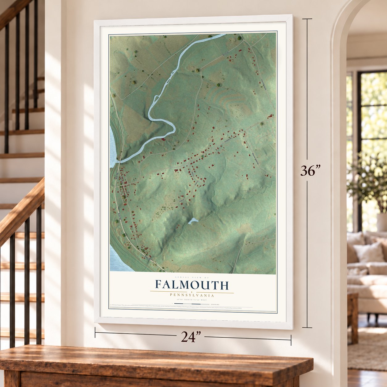 Falmouth, Pennsylvania map, 24 x 36 inch print in a white frame by a staircase