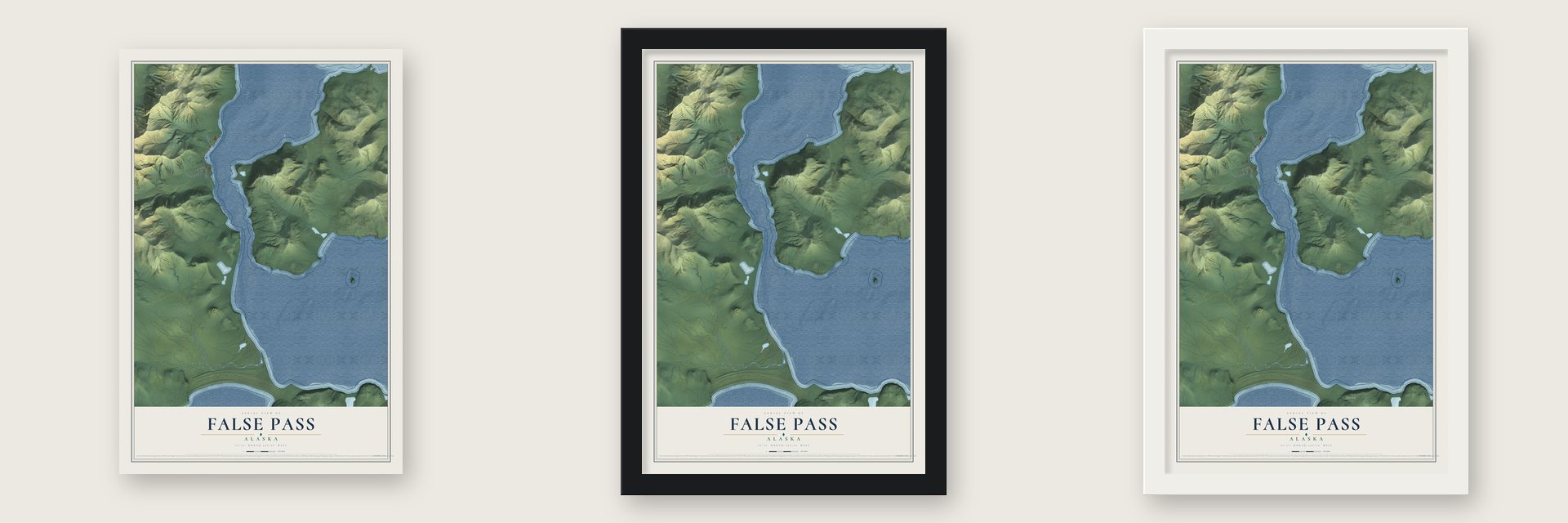 False Pass, Alaska map unframed, in a black wood frame and in a white wood frame