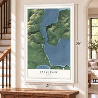 False Pass, Alaska map, 24 x 36 inch print in a white frame by a staircase