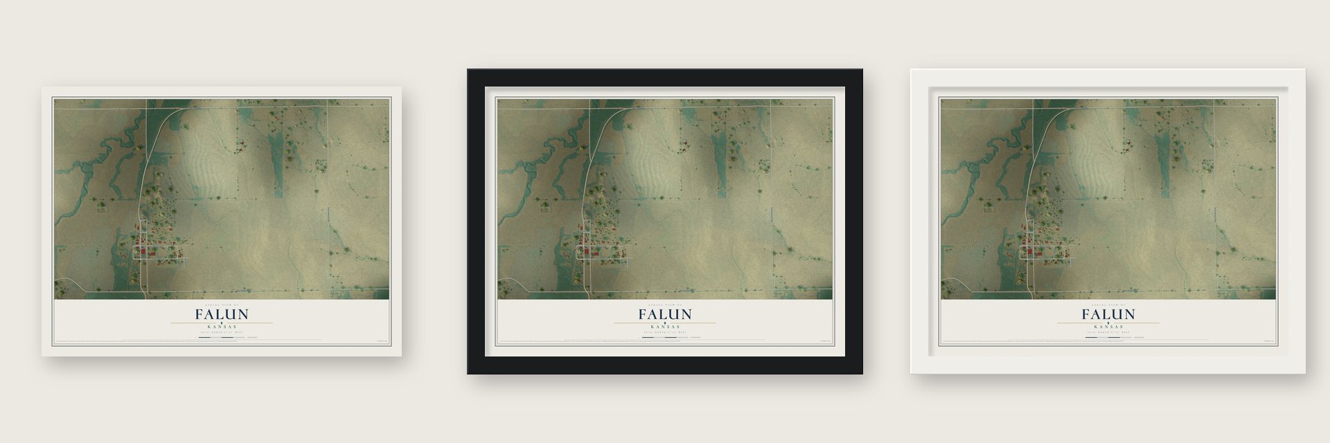 Falun, Kansas map unframed, in a black wood frame and in a white wood frame