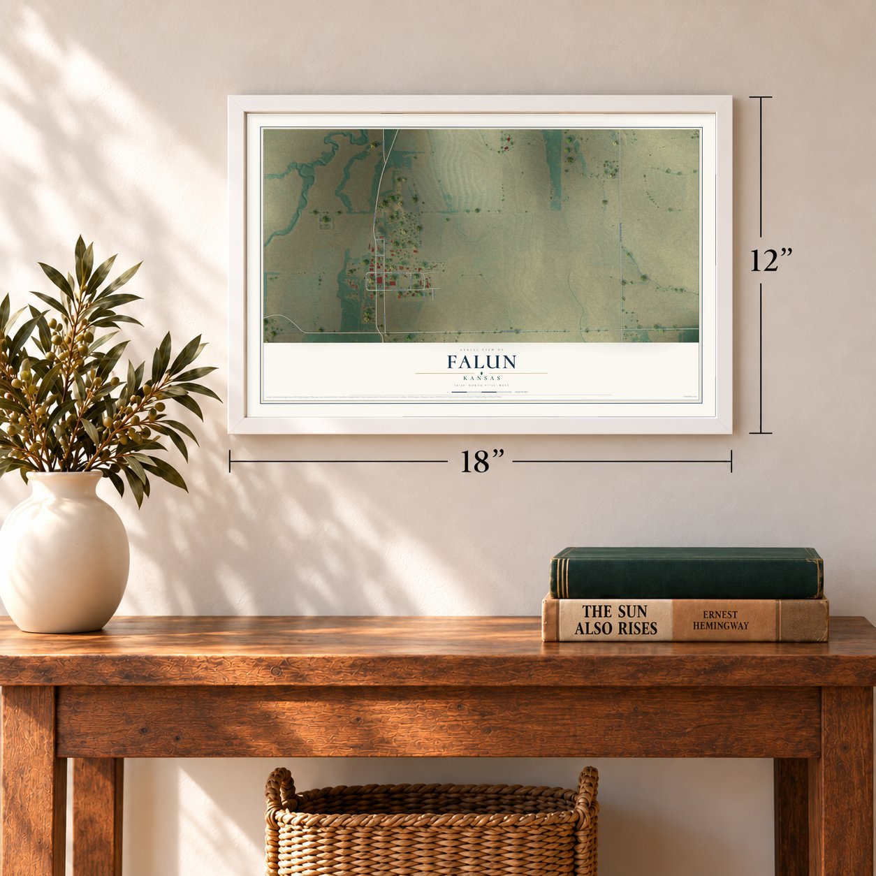 Falun, Kansas map, 12 x 18 inch print in a white frame in an entryway
