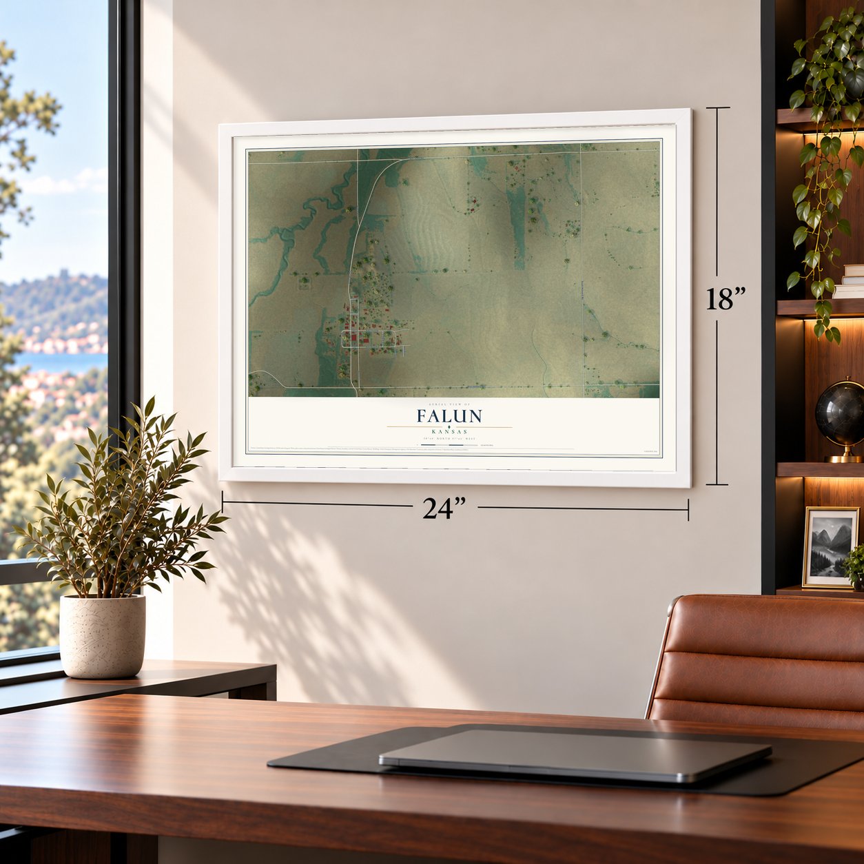 Falun, Kansas map, 18 x 24 inch print in a white frame in a home office