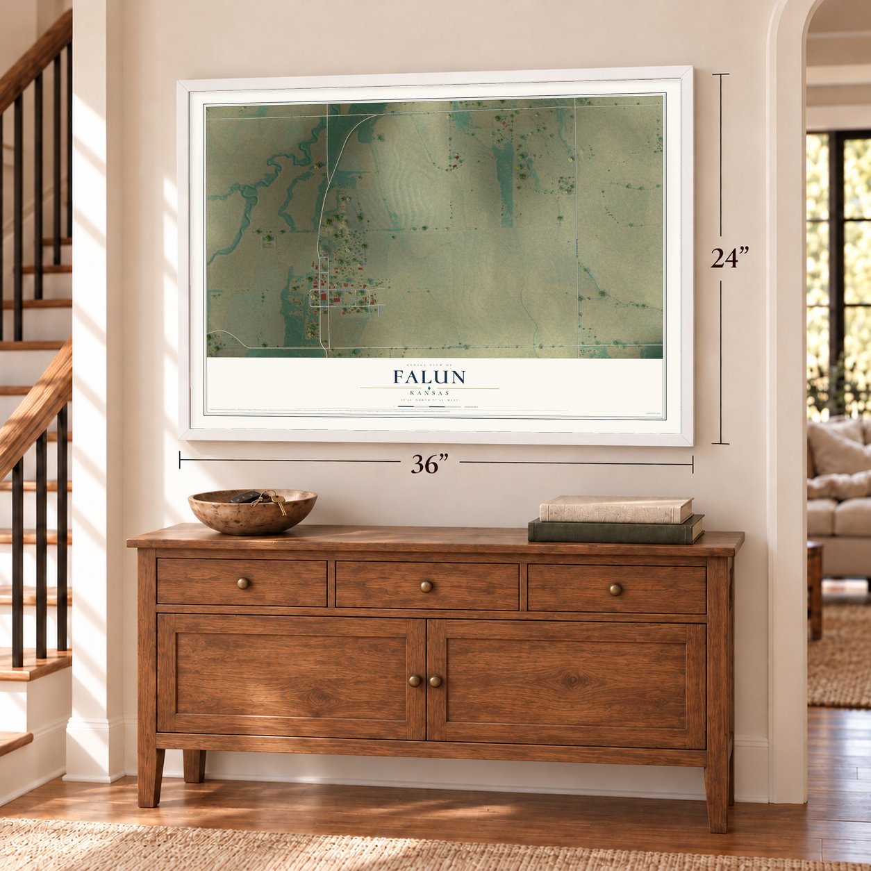 Falun, Kansas map, 24 x 36 inch print in a white frame above a dresser by a staircase