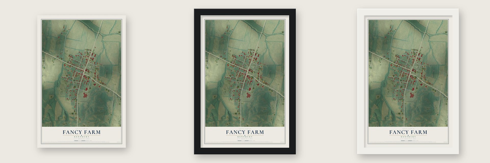 Fancy Farm, Kentucky map unframed, in a black wood frame and in a white wood frame