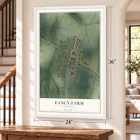 Fancy Farm, Kentucky map, 24 x 36 inch print in a white frame by a staircase