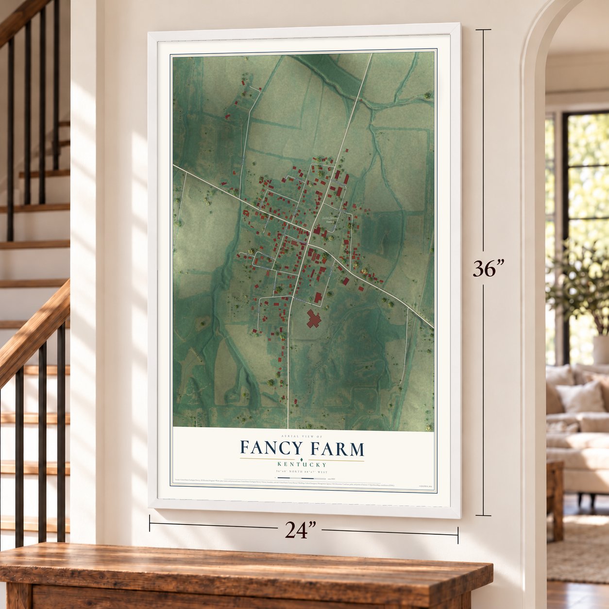 Fancy Farm, Kentucky map, 24 x 36 inch print in a white frame by a staircase