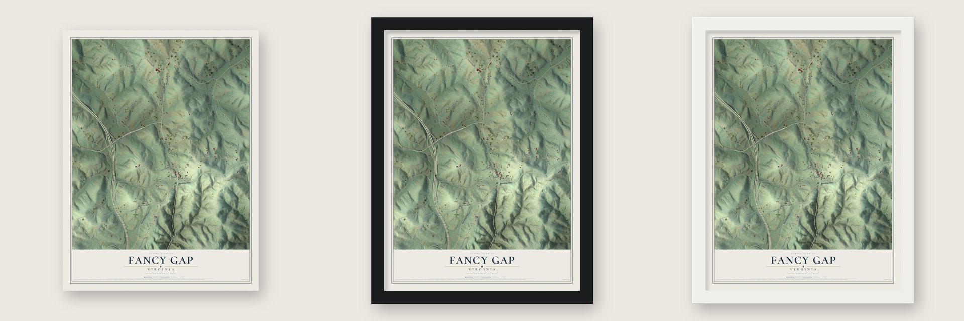 Fancy Gap, Virginia map unframed, in a black wood frame and in a white wood frame