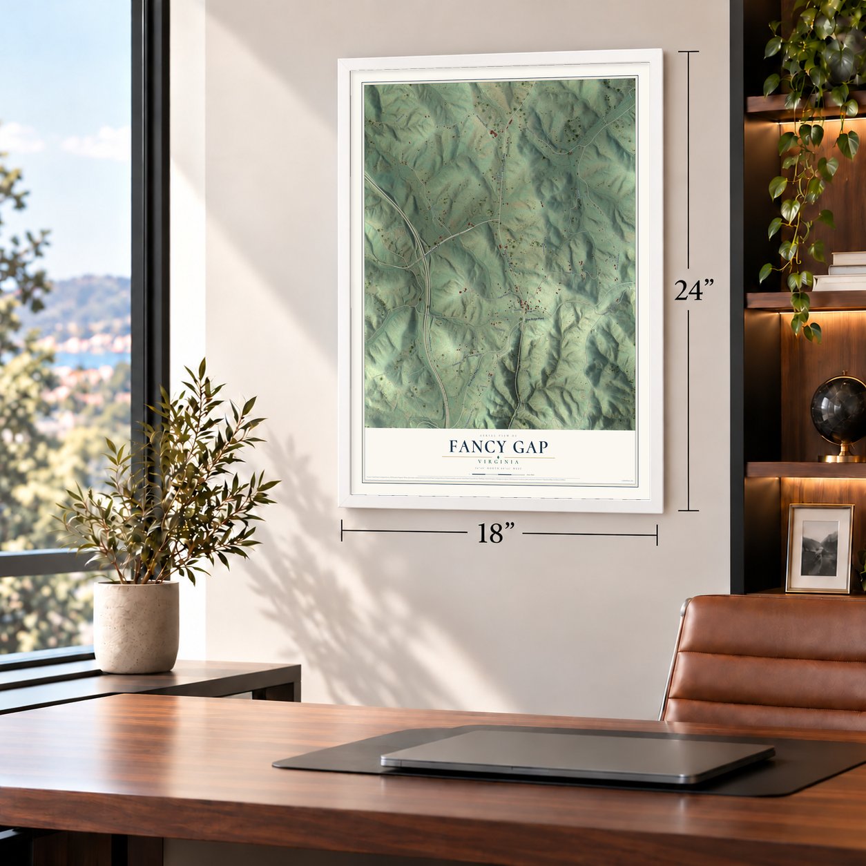 Fancy Gap, Virginia map, 18 x 24 inch print in a white frame in a home office