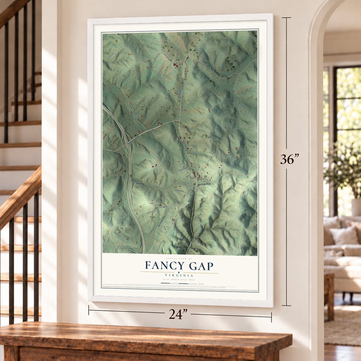 Fancy Gap, Virginia map, 24 x 36 inch print in a white frame by a staircase